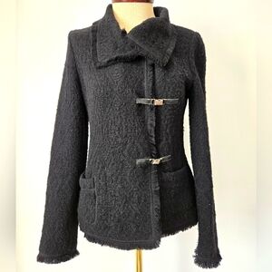 LUISA SPAGNOLI ITALY Virgin Wool Boucle Black Sweater with Fringed Hem. Size S